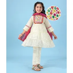 EARTHY TOUCH Woven Three Fourth Sleeves Churidar Set with Dupatta & Mirror Work - Cream-image-33