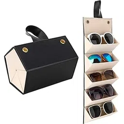 earwig Sunglasses Organizer Box-5 Slots PU Leather Portable Lightweight Sunglass Holder with Hanging Strap and Button Closure, Specs Case Box for Women, Men Travel-picture-48