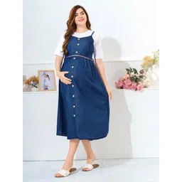 EASY MOM Women Shoulder Straps Belted Maternity Cotton A-Line Midi Dresses-picture-38