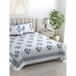 EasyGoods Navy Blue & White Floral Cotton 400 TC King Bedsheet with 2 Pillow Covers-picture-41