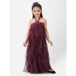 Eavan Girls Burgundy Embellished Halter Neck Net Maxi Dress-picture-18