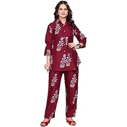 Women's Rayon Printed Co-ord Set | Maroon Floral Shirt & Pant Set | Stylish Casual & Lounge Wear Collar Neck-image-18