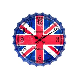 eazy wagon Blue & Red Printed British Flag Bottle Cap Metal Round Shaped Wall Clock-picture-45