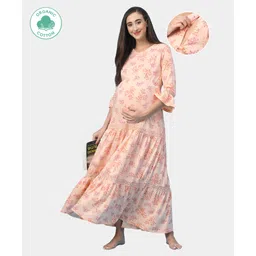 ECOMAMA 3/4th Sleeves Organic Cotton & Bamboo Antimicrobial Maternity Nighty Floral Print - Peach-picture-14