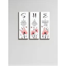 eCraftIndia 3 Pcs Pink & White SHE Word Inspirational Floral Printed Wooden Wall Hangings-picture-39
