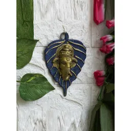 eCraftIndia Blue & Gold Metal Lord Ganesha Face On Leaf Wall Hanging Showpiece-picture-21