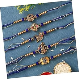 eCraftIndia Blue & Golden Set of 5 Religious Rakhis with Roli Chawal Pack - Designer Rakhis for Brother-image-19