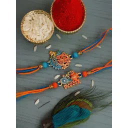 eCraftIndia Blue & Orange Set of 2 Religious Rakhis with Sibling Agreement & Roli Chawal Pack-picture-27