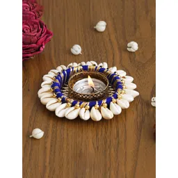 eCraftIndia Blue & White Textured Round Shaped Metal Candle Holder-picture-13