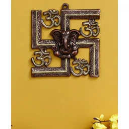 eCraftIndia Brown Swastik And Om Symbol With Lord Ganesha Metal Wall Hanging Art-picture-30