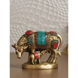 eCraftIndia Cow and Calf Handcrafted Brass Idol Figurine with Colorful Stone Work-image-1