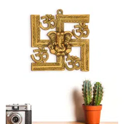 ecraftindia Gold Metal Lord Ganesha On Om Swastik Wall Hanging-picture-31