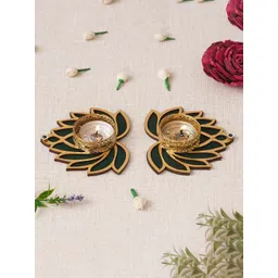 eCraftIndia Gold Toned & Green 2 Pieces Round Shaped Candle Holders-picture-14