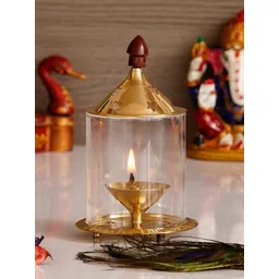 eCraftIndia Gold-Toned Brass Akhand Diya with Glass image 1