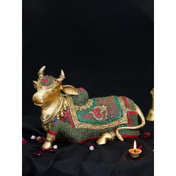 eCraftIndia Gold-Toned Red & Green Handcrafted Cow Idol with Stone Work Showpiece-image-2
