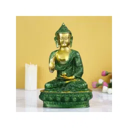 eCraftIndia Golden and Green Premium Meditating Blessing Big Buddha Brass Antique Artifact-image-41