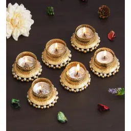 ecraftindia Golden & White Round Shaped Beaded (Set of 6) Decorative Tea Light Holders-picture-27