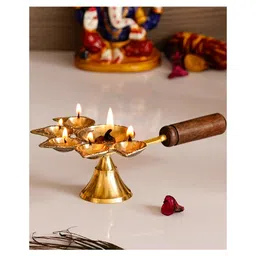eCraftIndia Golden Brass Panchdeep Diya For 5 Cotton Wicks With Wooden Holder-image-11