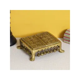 eCraftIndia Golden Handcrafted Brass Pooja Chowki with Bell-image-40