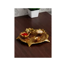 eCraftIndia Golden Metal Swastik Designer Pooja Thali with 3 Bowls and 1 Diya-picture-17