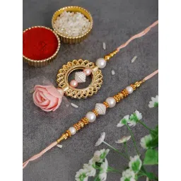 eCraftIndia Golden, Peach & White Bhaiya Bhabhi Rakhi Set with Sibling Agreement & Roli Chawal Pack-picture-11