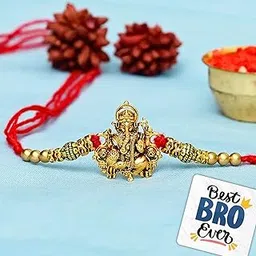 eCraftIndia Golden Religious Designer Ganesha Rakhi with Red Thread and Roli Chawal Pack and Best Bro Ever Fridge Magnet - Rakhi for Brother, Bhaiya, Bhai-picture-15