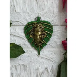 eCraftIndia Green & Gold Metal Lord Ganesha Face On Leaf Wall Hanging Showpiece-picture-22