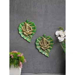 eCraftIndia Green & Gold Metal Lord Ganesha On Leaf Wall Hanging - Set of 2-picture-12
