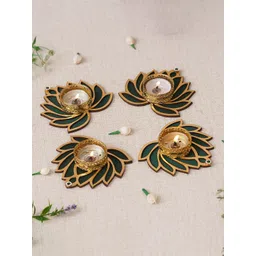 eCraftIndia Green & Gold Toned 4 Pieces Textured Lotus Shaped Metal Candle Holders-picture-18