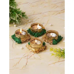 eCraftIndia Green & Gold Toned 4 Pieces Textured Round Shaped Metal Candle Holders-picture-19