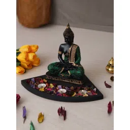 eCraftIndia Green & Golden Polyresin Meditating Buddha Showpiece & Fragnanced Petals and Tealight-picture-24
