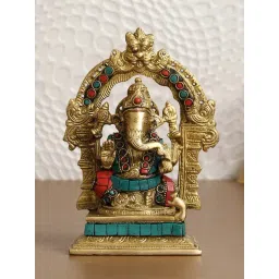 eCraftIndia Handcrafted Lord Ganesha Brass Idol Sitting on Singhasan with Colorful Stone Work-image-24