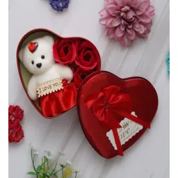 ecraftindia Heart Shaped Gift Box Set With White Teddy And Red Flowers-picture-28