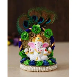 ecraftindia Lord Ganesha Idol on Decorative Handcrafted Floral Plate with Peocock Feather for Home & Car-picture-33