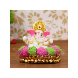 eCraftIndia Lord Ganesha Idol on Decorative Handcrafted Plate with Pink and Green Flowers-picture-12