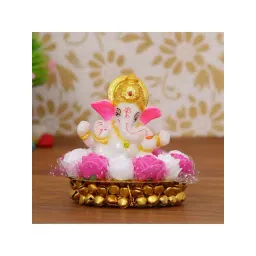 eCraftIndia Lord Ganesha Idol on Decorative Handcrafted Plate with Pink and White Flowers-picture-46