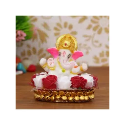 eCraftIndia Lord Ganesha Idol on Decorative Handcrafted Plate with Red and White Flowers-picture-20