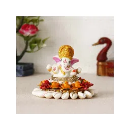 eCraftIndia Lord Ganesha Idol on Shells and Orange Floral Handcrafted Singhasan for Home/Temple/Office/Car Dashboard-picture-17
