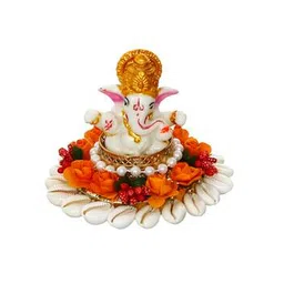ecraftindia Lord Ganesha Idol on Shells and Orange Floral Singhasan for Home/Temple/Office/Car-picture-24