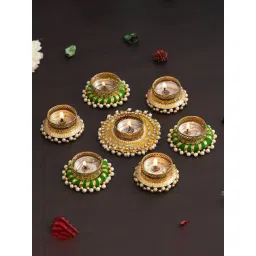 eCraftIndia Multicolor Aluminium Diamond Beads and Pearls Tea Light Candle Holder - Set of 7-picture-44