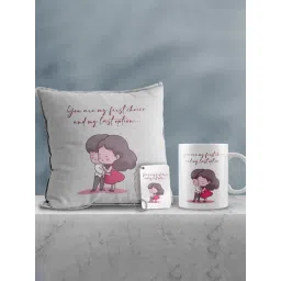 eCraftIndia Multicolor Ceramic Girl & Boy Hugging Print Cushion & Mug With Keychain Gift Set-picture-39
