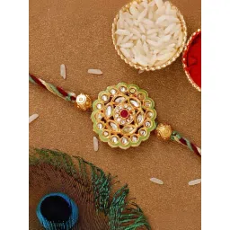 eCraftIndia Multicolor Precious Stone Floral Rakhi for Brother with Sibling Agreement & Roli Chawal image 1