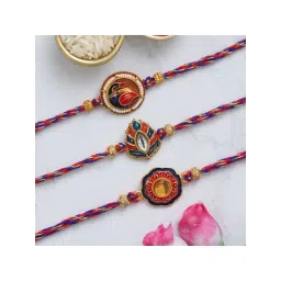 eCraftIndia Multicolor Semi Precious Stone Rakhis with Roli Chawal Pack for Bhai - Set of 3-picture-10