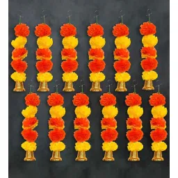 ecraftindia Orange & Yellow Plastic Artificial Marigold Flower Garland with Bells Wall Hanging (Set of 10)-picture-11