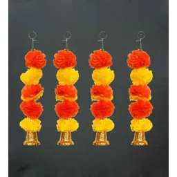 ecraftindia Orange & Yellow Plastic Artificial Marigold Flower Garland with Bells Wall Hanging (Set of 4)-picture-13