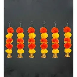 ecraftindia Orange & Yellow Plastic Artificial Marigold Flower Garland with Bells Wall Hanging (Set of 6)-picture-12