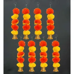 ecraftindia Orange & Yellow Plastic Artificial Marigold Flower Garland with Bells Wall Hanging (Set of 8)-picture-10