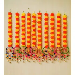 ecraftindia Orange & Yellow Plastic Artificial Marigold Flowers Hangings with Bangles Ringing Bells (Set of 10)-picture-14