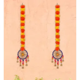 ecraftindia Orange & Yellow Plastic Artificial Marigold Flowers Hangings with Bangles Ringing Bells (Set of 2)-picture-16