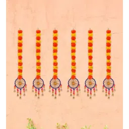 ecraftindia Orange & Yellow Plastic Artificial Marigold Flowers Hangings with Bangles Ringing Bells (Set of 6)-picture-17